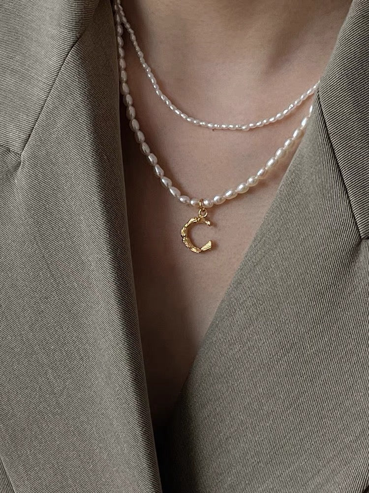 18k gold plated -  initial letter pearl necklace