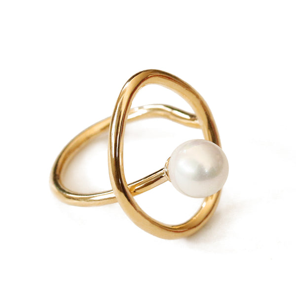 pearl oval shape open ring 18k gold plated