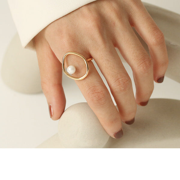 pearl oval shape open ring 18k gold plated