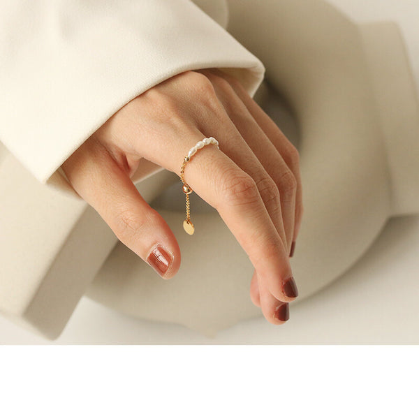 natural pearl chain open ring 18k gold plated