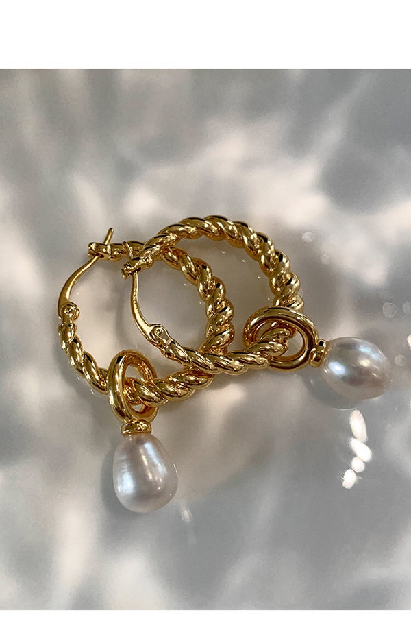 18k gold plated - Twist hoop pearl earrings