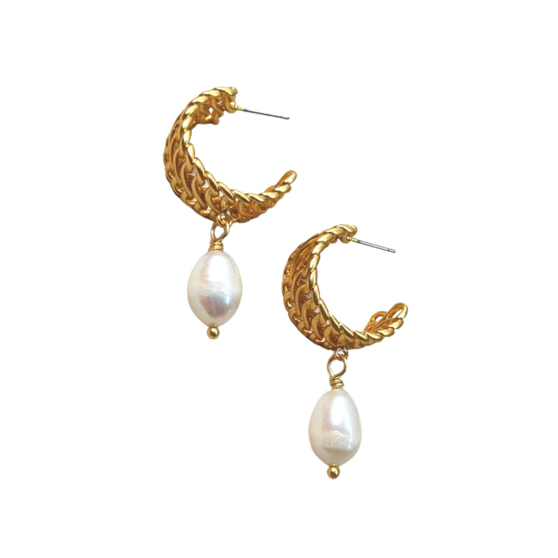 Gold tone half hoop earrings with pearl