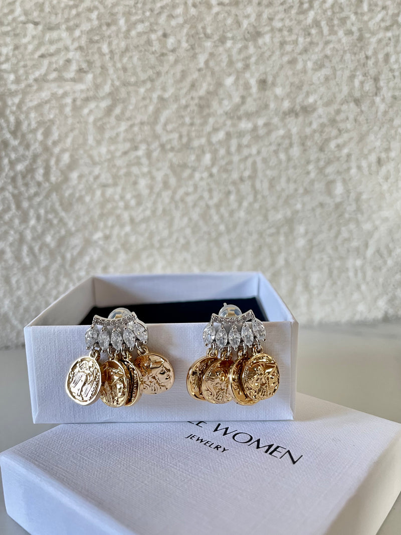 14k gold plated - four coins Athena earrings